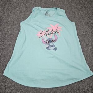 Disney Stitch Tank Top Women‎ Medium Blue Graphic Print Logo Pink Retro